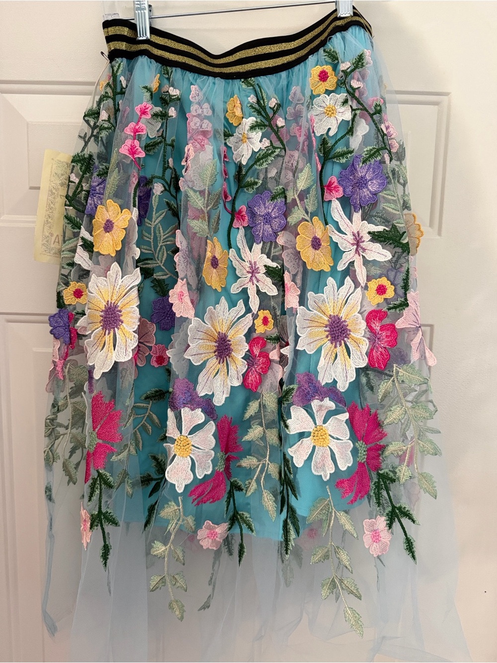 Aratta Silent Journey. Floral Embroidered Tulle Midi Skirt w/ Aqua. Sz XL - Picture 5 of 7